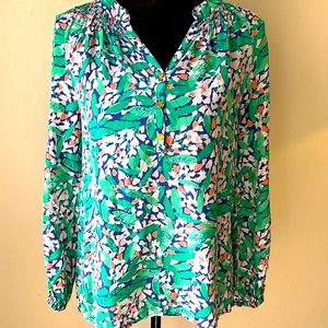 Lilly Pulitzer Silk Elsa Top | Green Floral Pink Flower Pattern | Size: S